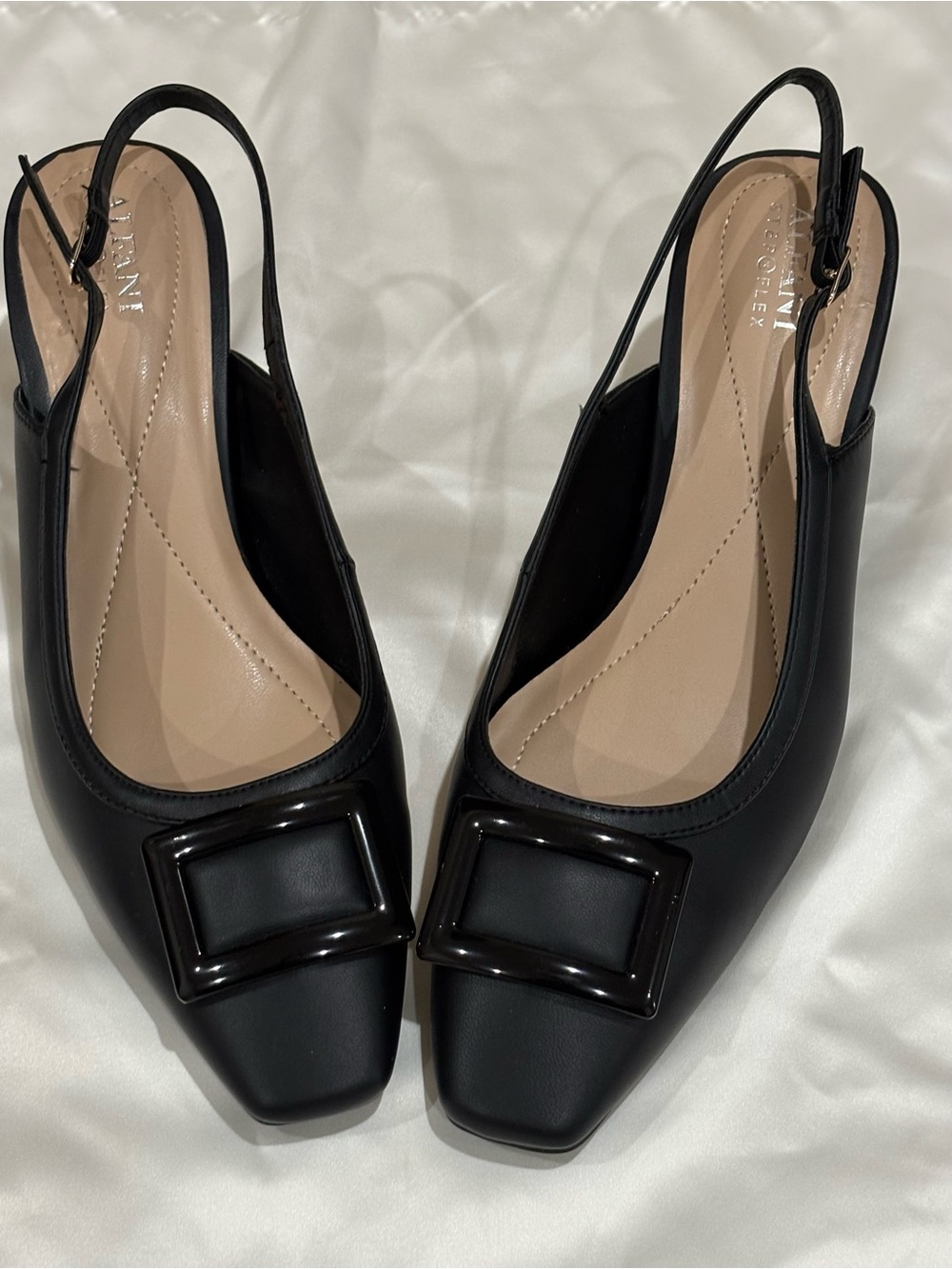 Alfani Black “ Step n Flex” Square-Toe low heels with Decorative Buckle Accent.